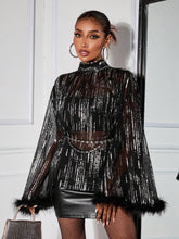 SXY Spring Autumn Fashion Sheer Metallic Net & Feather Flare Sleeve Blouse